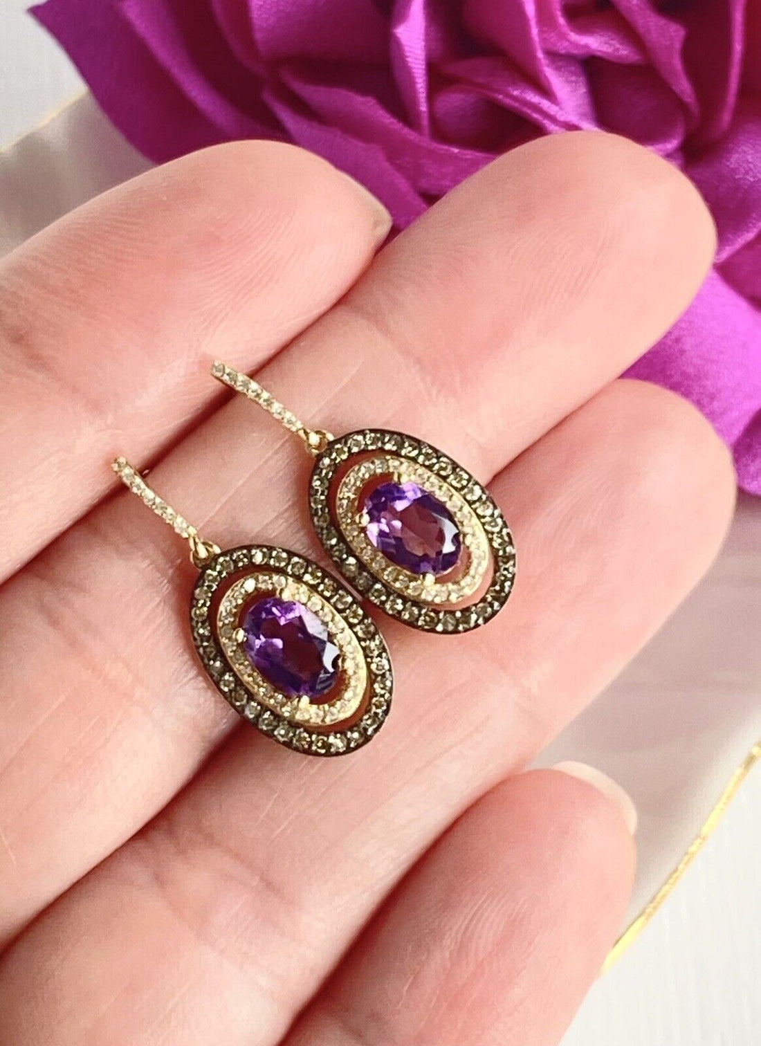 Solid 14k Yellow Gold Genuine Amethyst & Diamond Halo Dangle/Drop Earrings, New