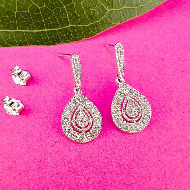 Solid 10k White Gold Genuine Diamond Dangle Drop Earrings, New