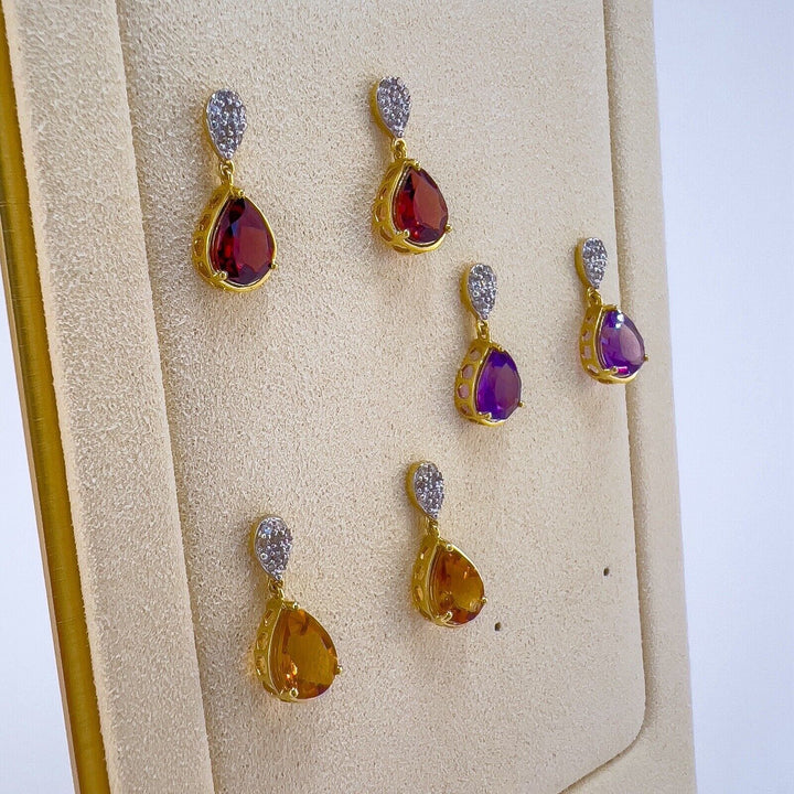 Genuine Pyrope Garnet & Diamond Solid 10k Yellow Gold Dangle/Drop Earrings