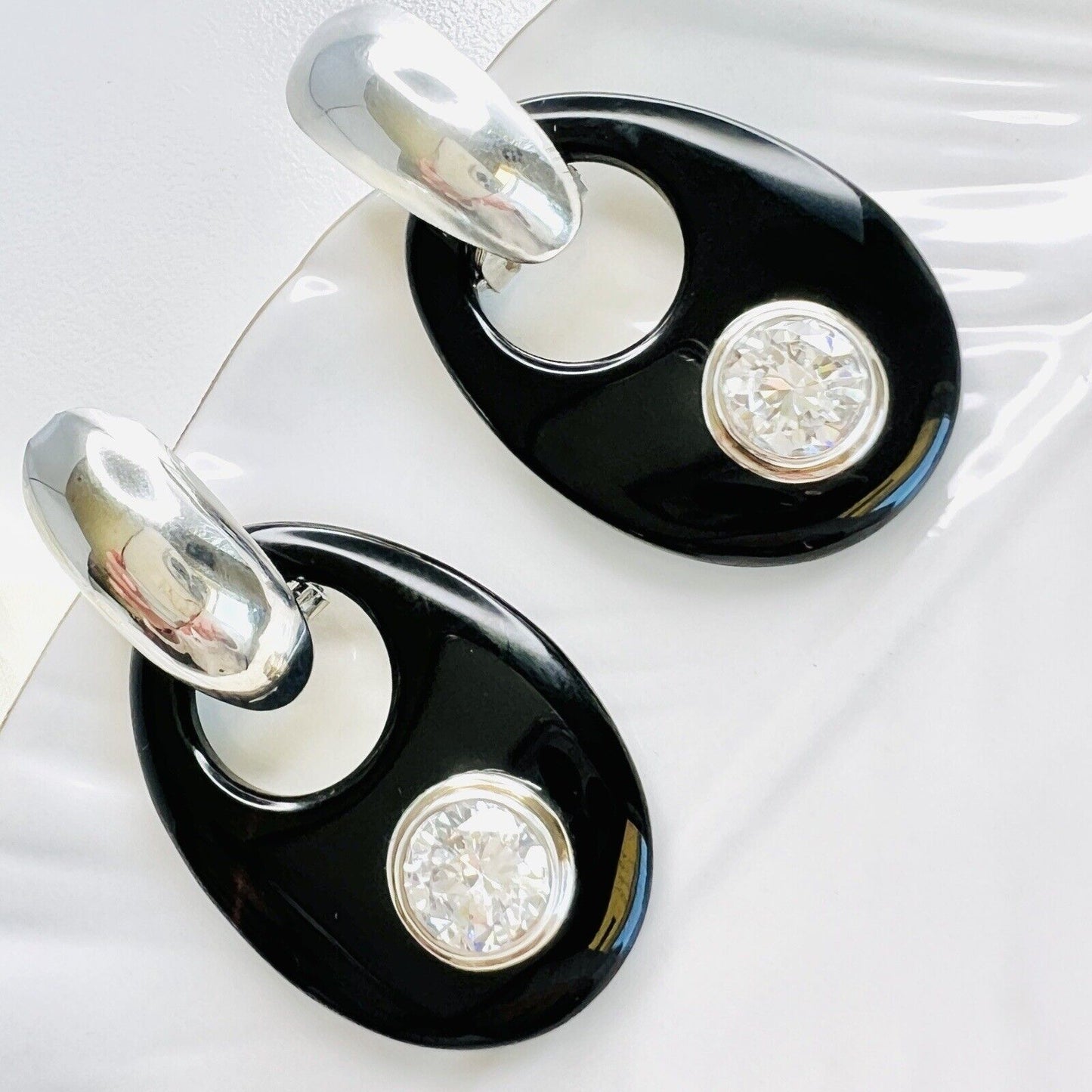 Vintage Sterling Silver Onyx & Cubic Zirconia Round Hoop Omega Dangle Earrings