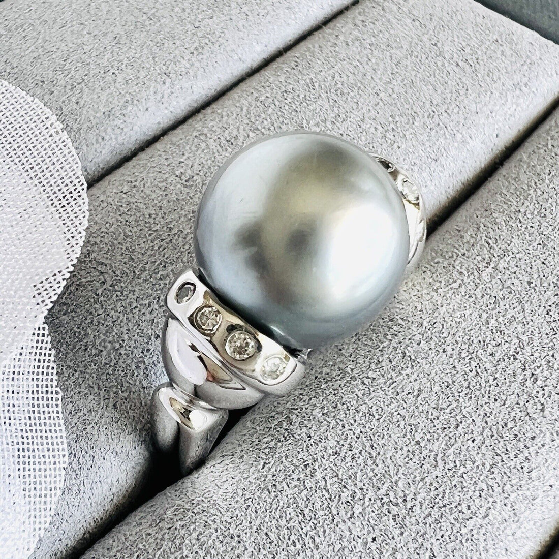 Top-Quality Tahitian Gray Pearl & Diamond Solid 14k White Gold Ring, New Sz. 7.5