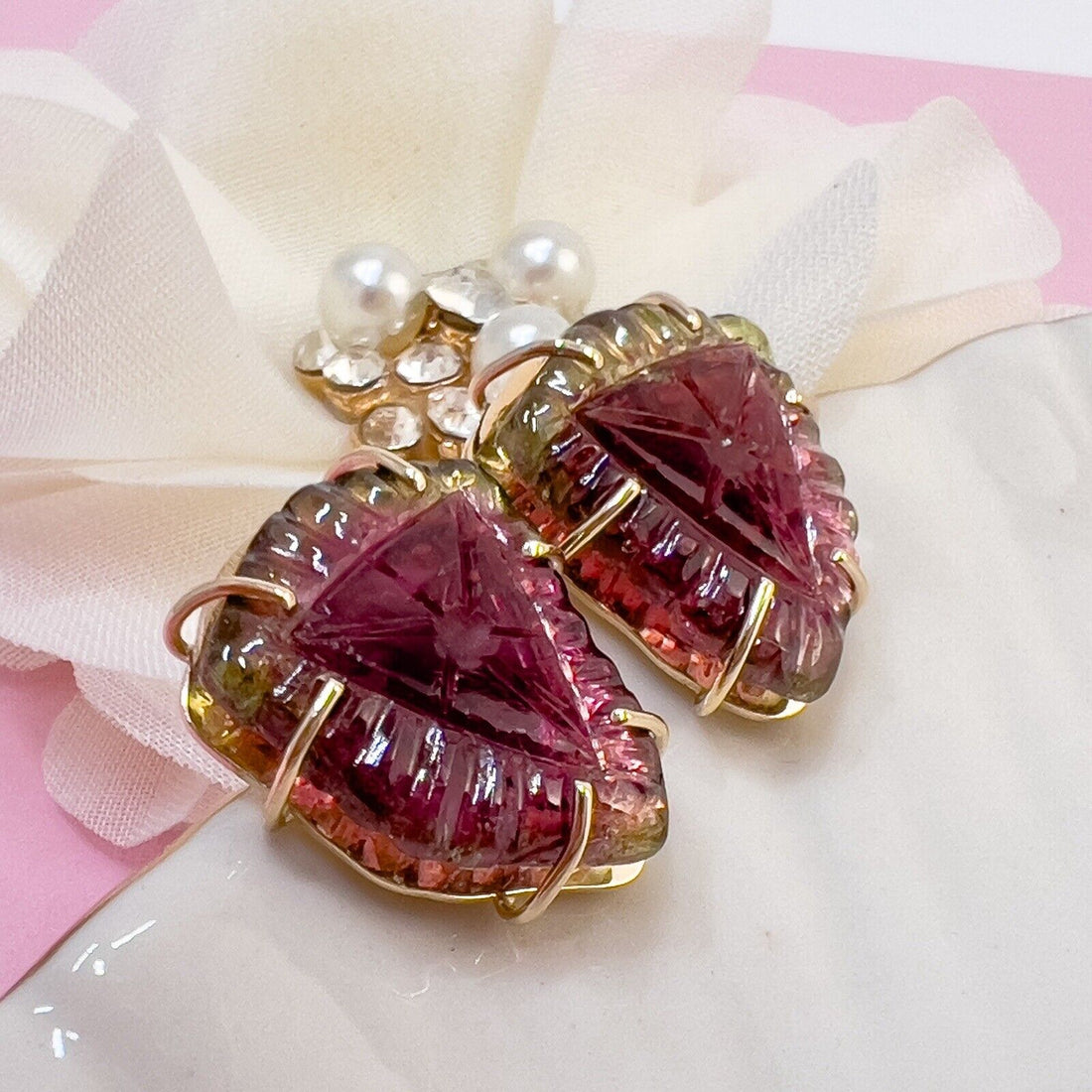 Unique 14k Yellow Gold Watermelon Tourmaline Custom-Made Stud Earrings