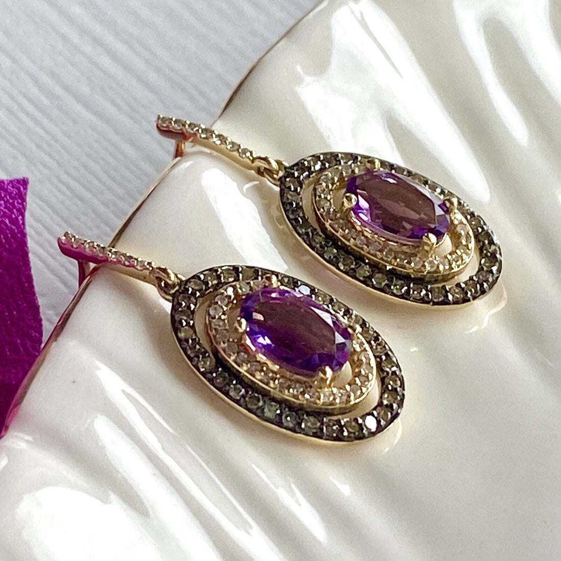 Solid 14k Yellow Gold Genuine Amethyst & Diamond Halo Dangle/Drop Earrings, New