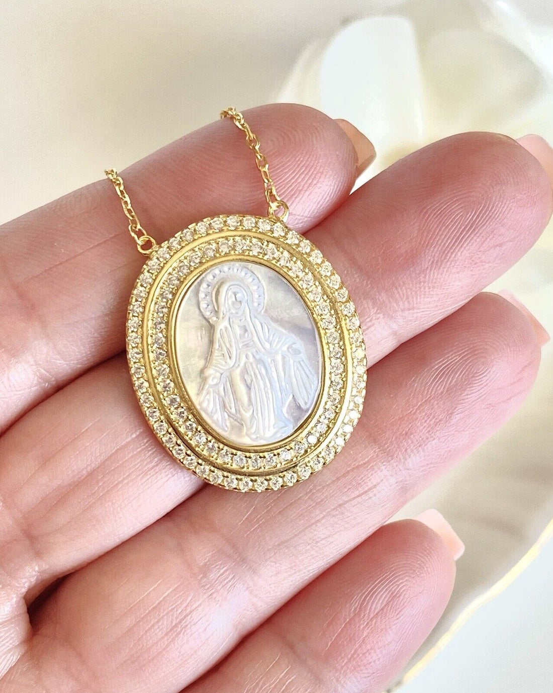 Sterling W/ Gold Overlay Miraculous Virgin Mary Pendant W/ Chain, 16-17", New