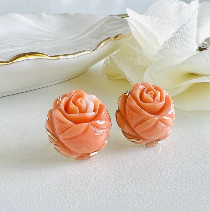 Vintage No-Dye Japanese Carved Coral Rose (14Ct) and 14K Gold Stud Earrings, New