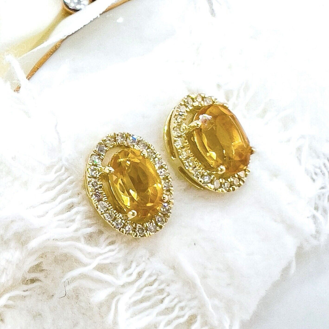 10k Yellow Gold Genuine Citrine & Diamond Halo Stud Earrings, New