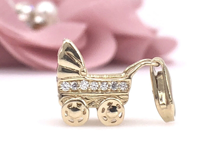 Solid 14K Yellow Gold & Cubic Zirconia 3D Baby Stroller/Carriage Charm, New