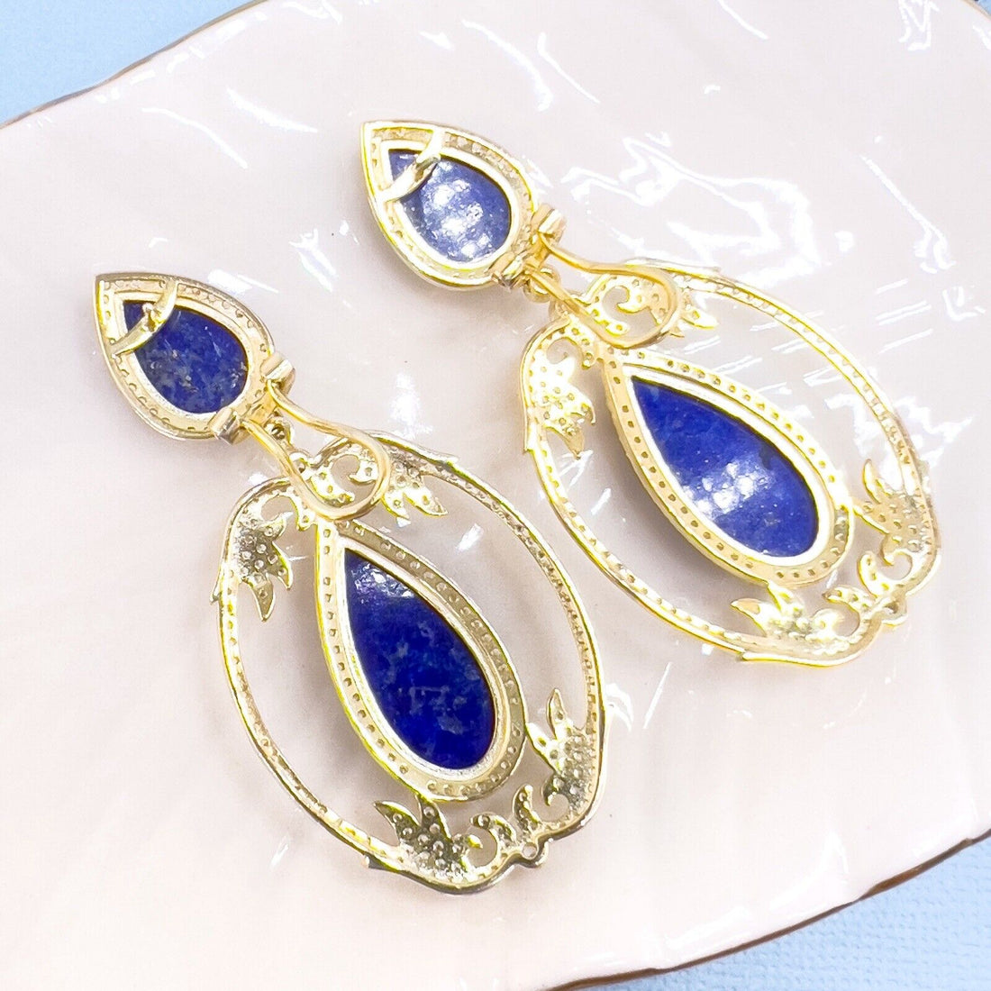 Sterling Silver Vermeil Genuine Lapis Lazuli & CZ Dangle/Drop Earrings, New 2.4"