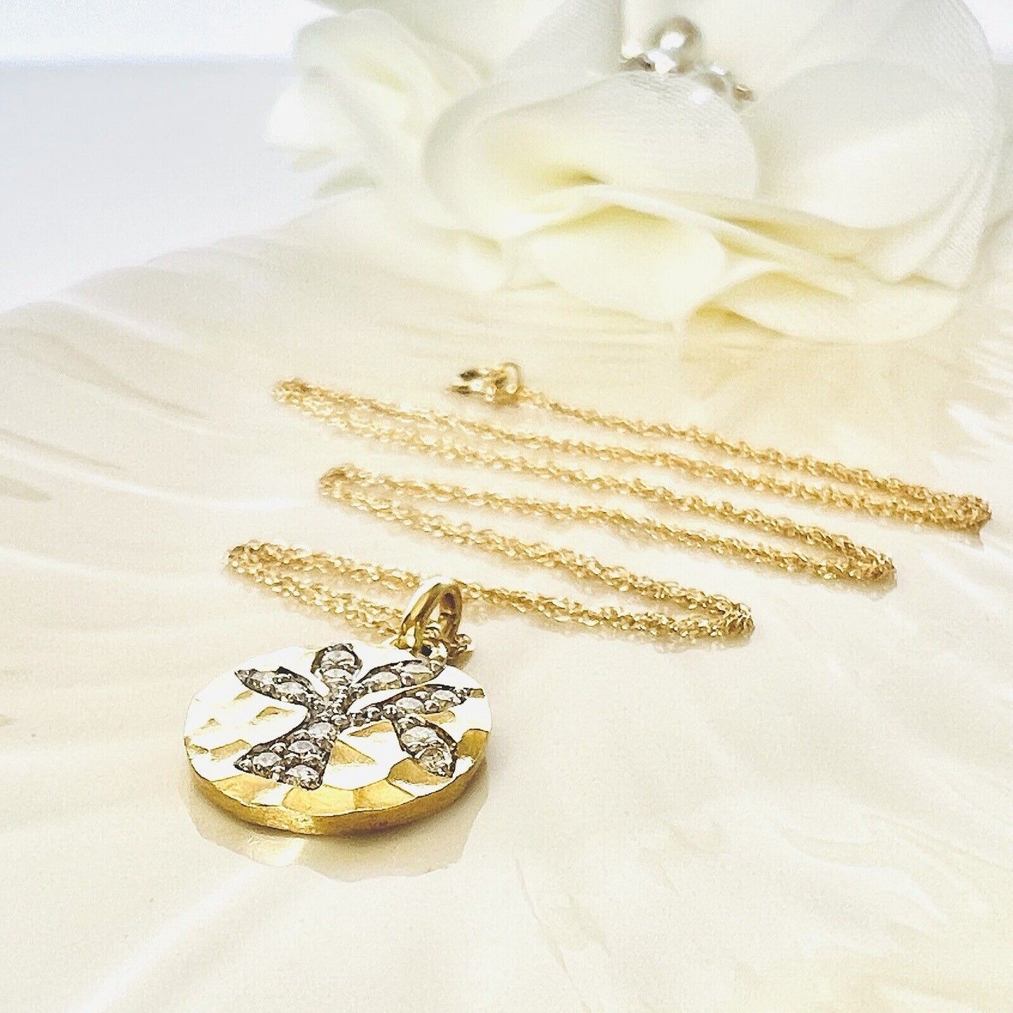 Solid 10k Yellow Gold Genuine Diamond Tree of Life Pendant/Necklace, New 18"