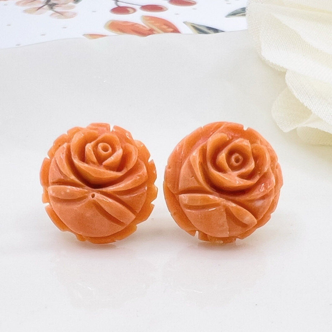 14k Gold Genuine Japanese Orange Coral Carved Rose Stud Earrings, New