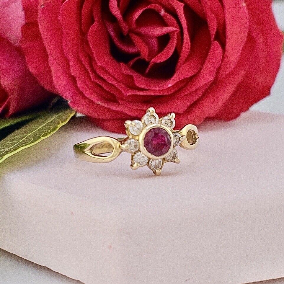 Solid 14k Yellow Gold Genuine Ruby & Diamond Rosette Ring, New Size 8