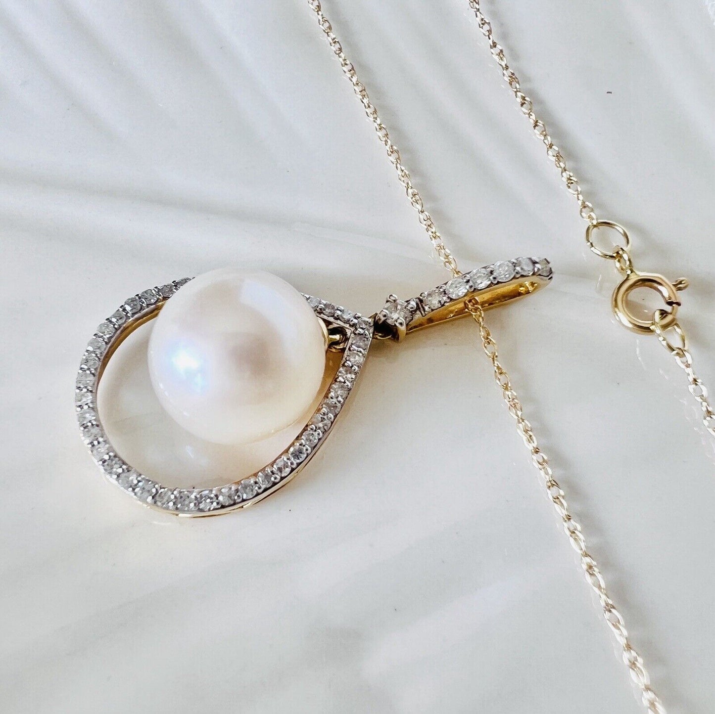Solid 14k Yellow Gold Genuine Pearl and Diamond Drop Pendant Necklace, New 18”