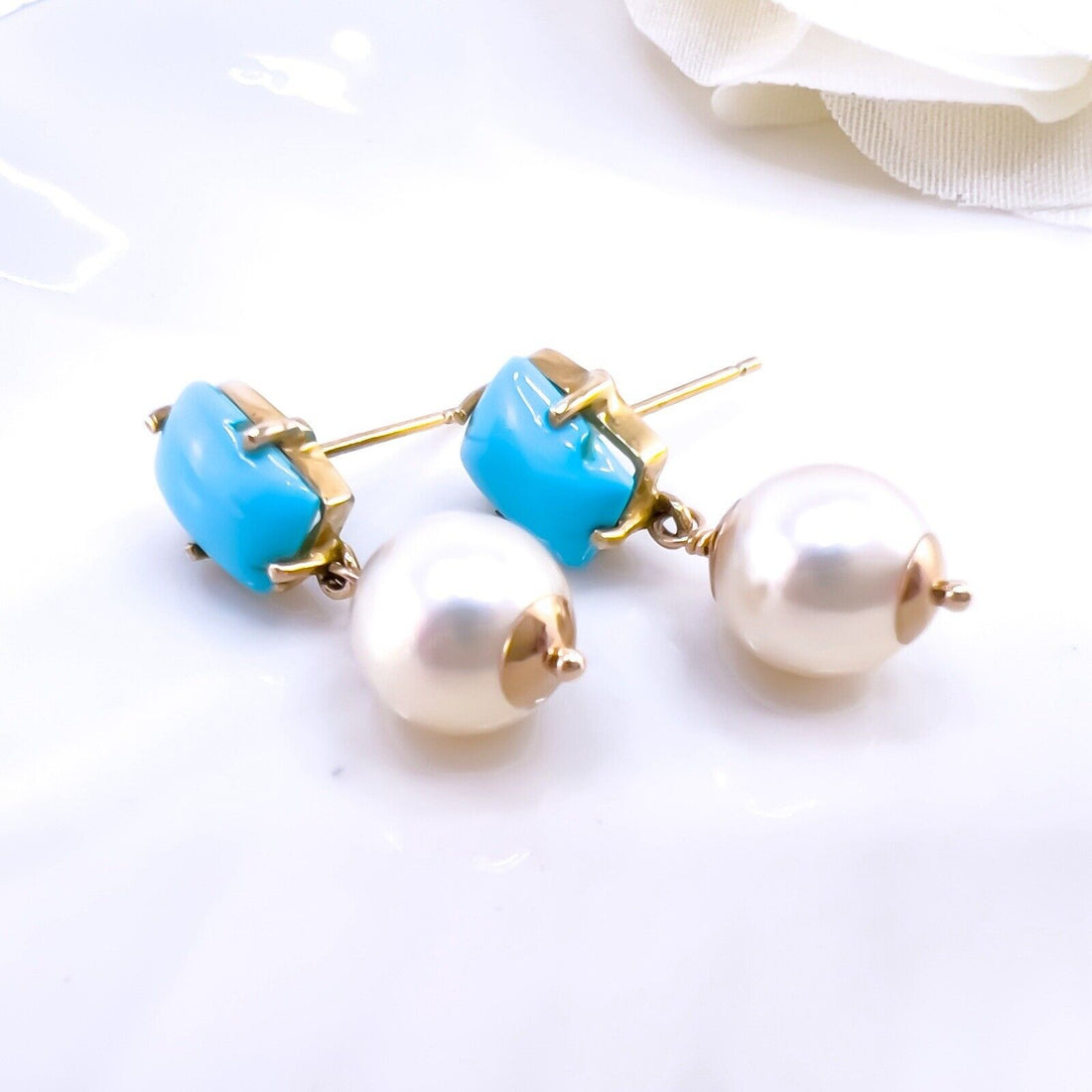 14k Yellow Gold Sleeping Beauty Turquoise & Akoya Pearl Dangle Earrings, New