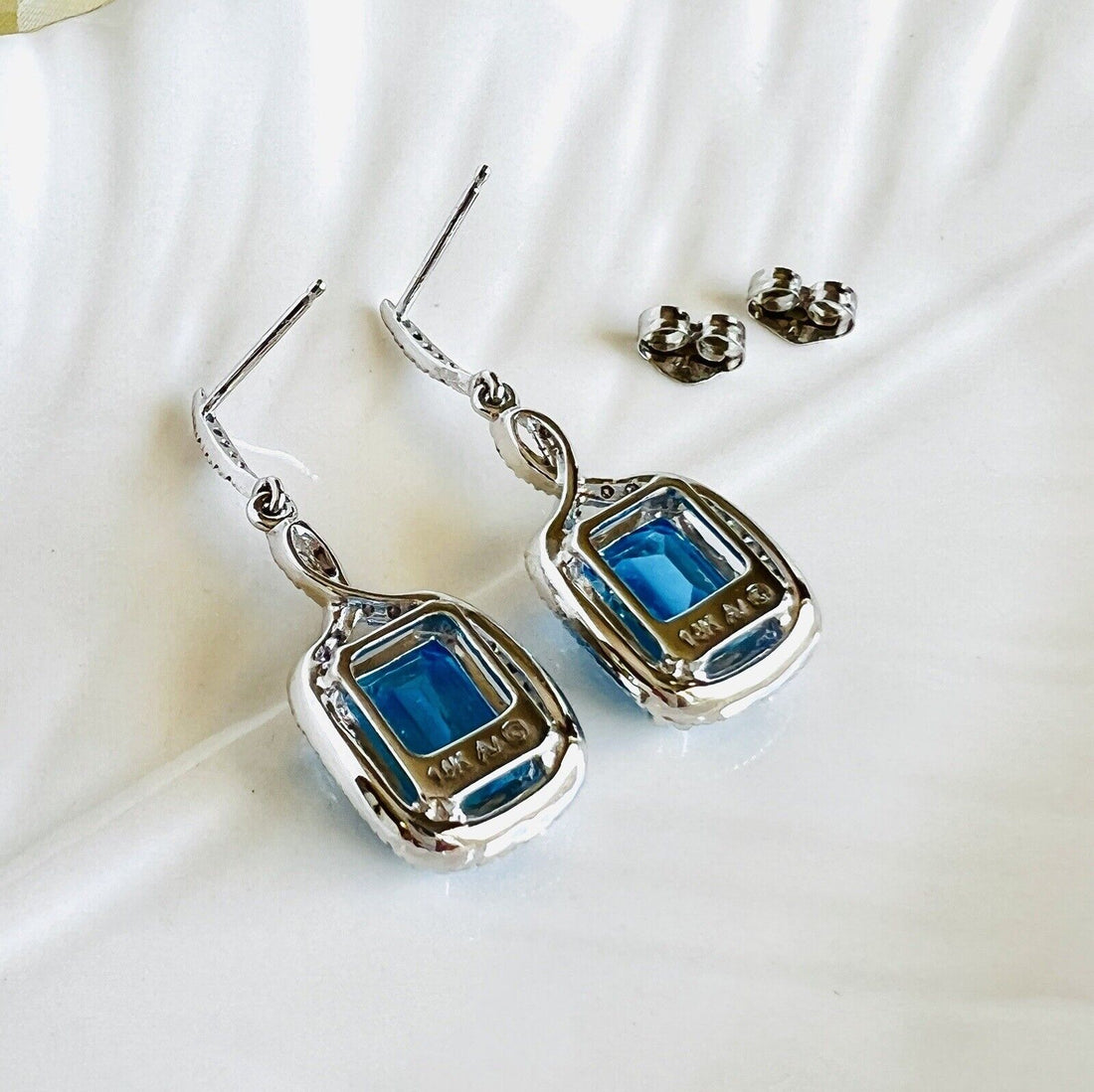 Gorgeous Swiss Blue Topaz (5.60ct) & Diamond (0.40ct) 14k Dangle Earrings, New