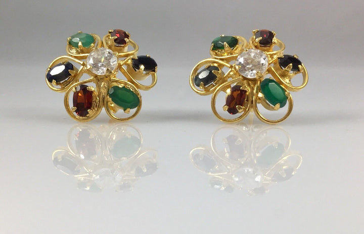 Genuine Multi-Gemstone Rosette Stud Earrings 18kt Yellow Gold Overlay, 3/4" New