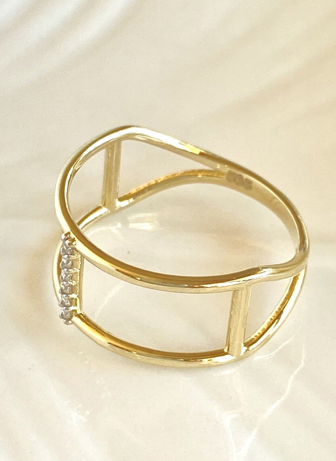 Solid 14k Yellow Gold & Cubic Zirconia Double Bar Ring New, Sz 6.5