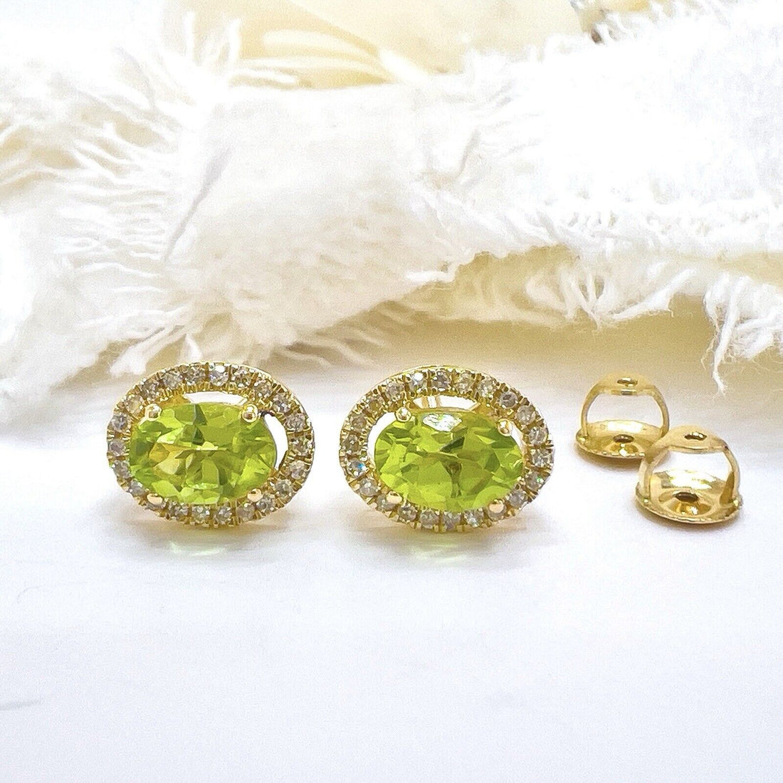 10k Yellow Gold Genuine Peridot & Diamond Halo Stud Earrings, New