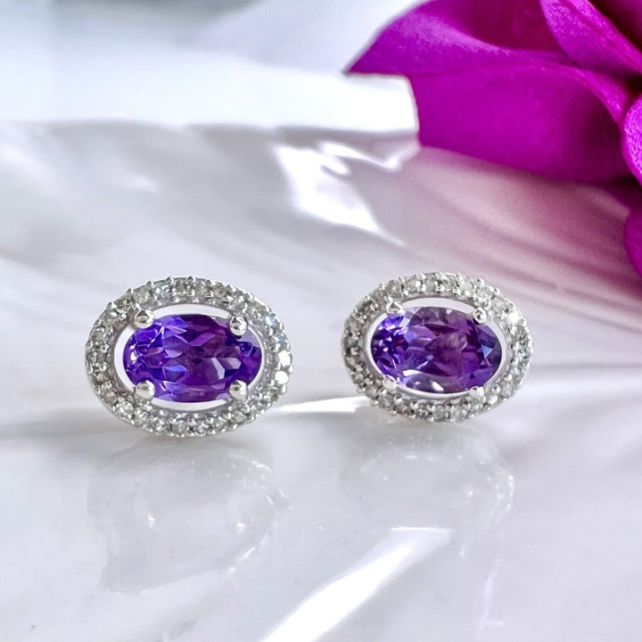 Solid 10k White Gold Genuine Amethyst & Diamond Halo Oval Stud Earrings, New