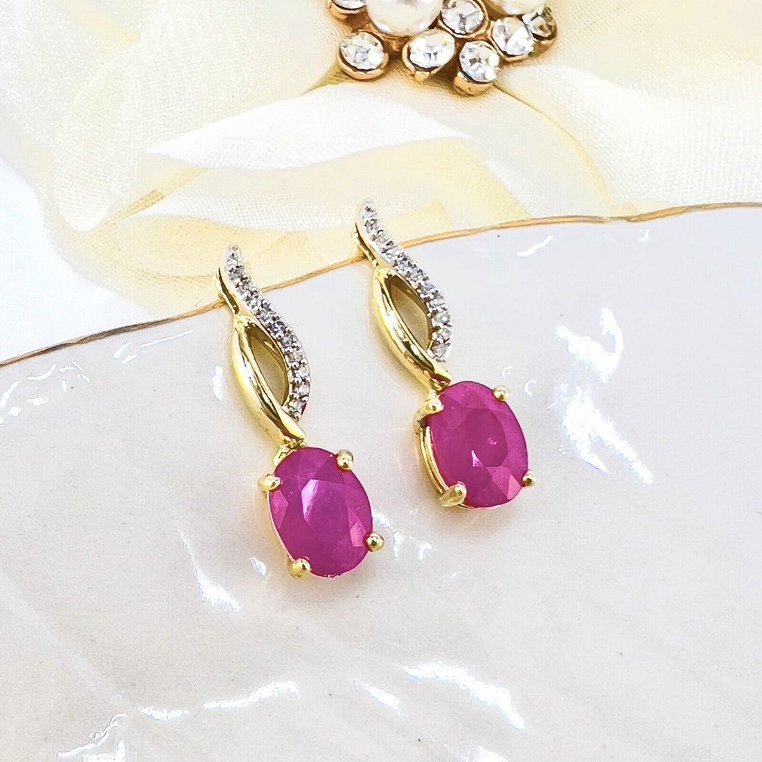 Solid 10k Yellow Gold Genuine Ruby & Diamond Dangle/Drop Earrings, New