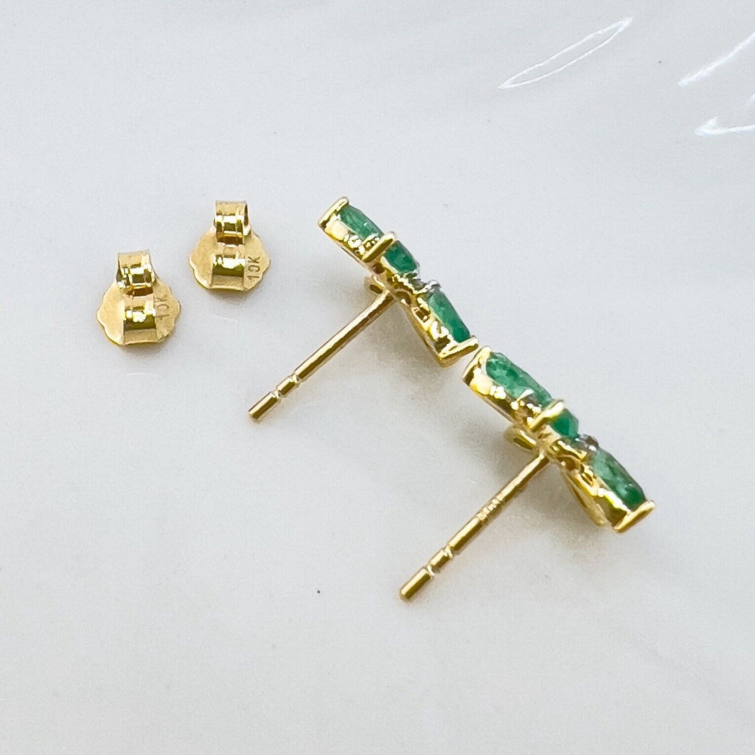 10k Yellow Gold Genuine Emerald & Diamond Star Stud Earrings, New