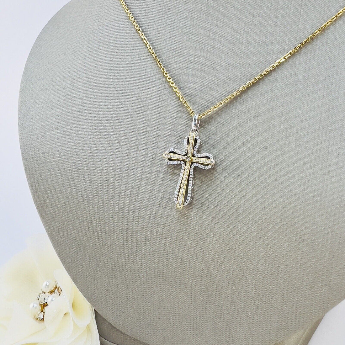 Solid 14k Two-Tone Gold & Genuine Diamond Cross Pendant, New 1.2”