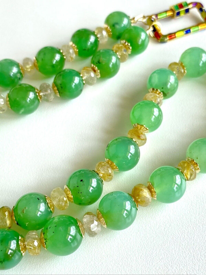 Natural Chrysoprase & Rutilated Quartz 14K GF Necklace, New, 24.75"