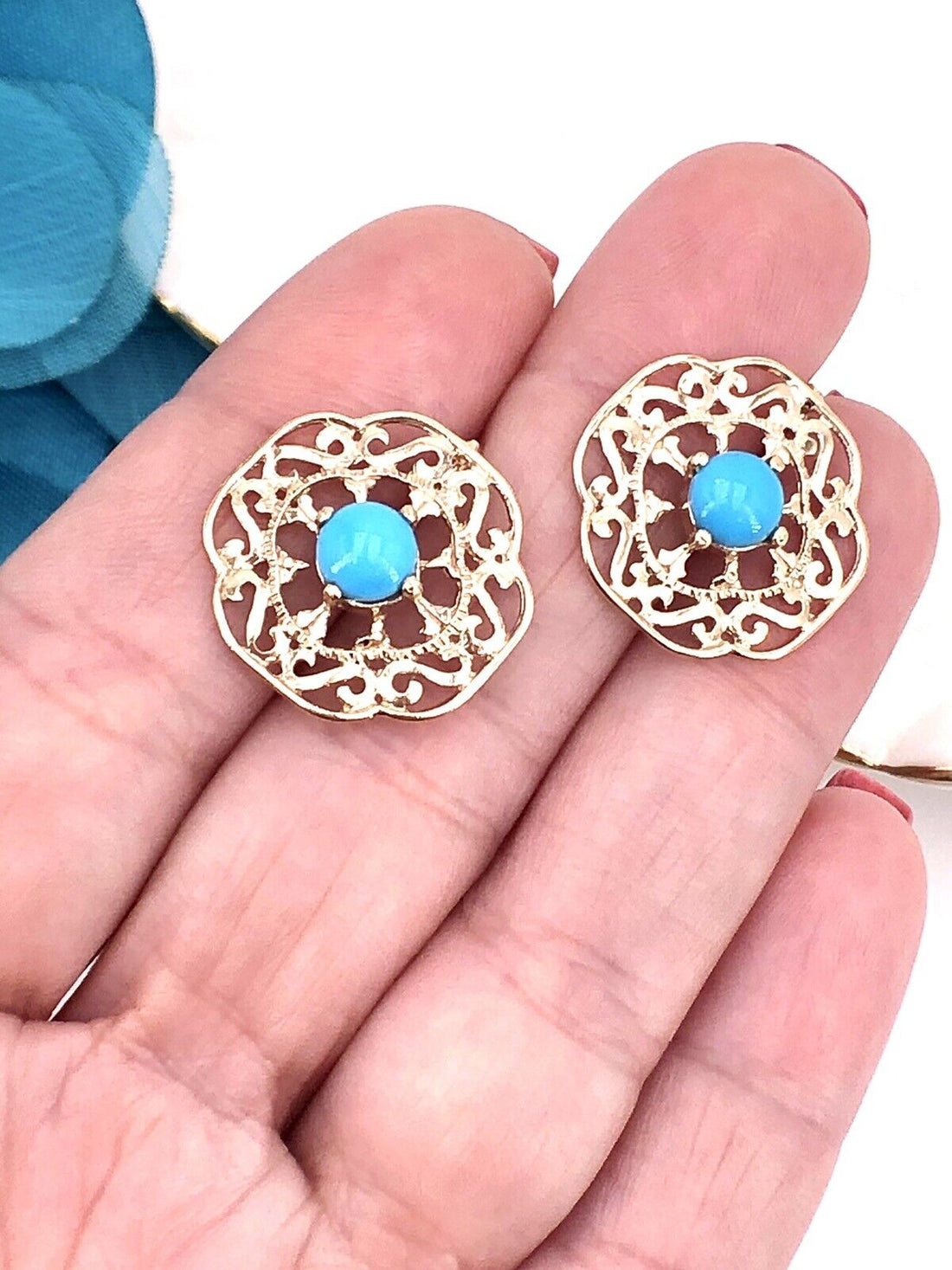 Solid 14k Yellow Gold & Sleeping Beauty Turquoise Filigree Hook Earrings, New