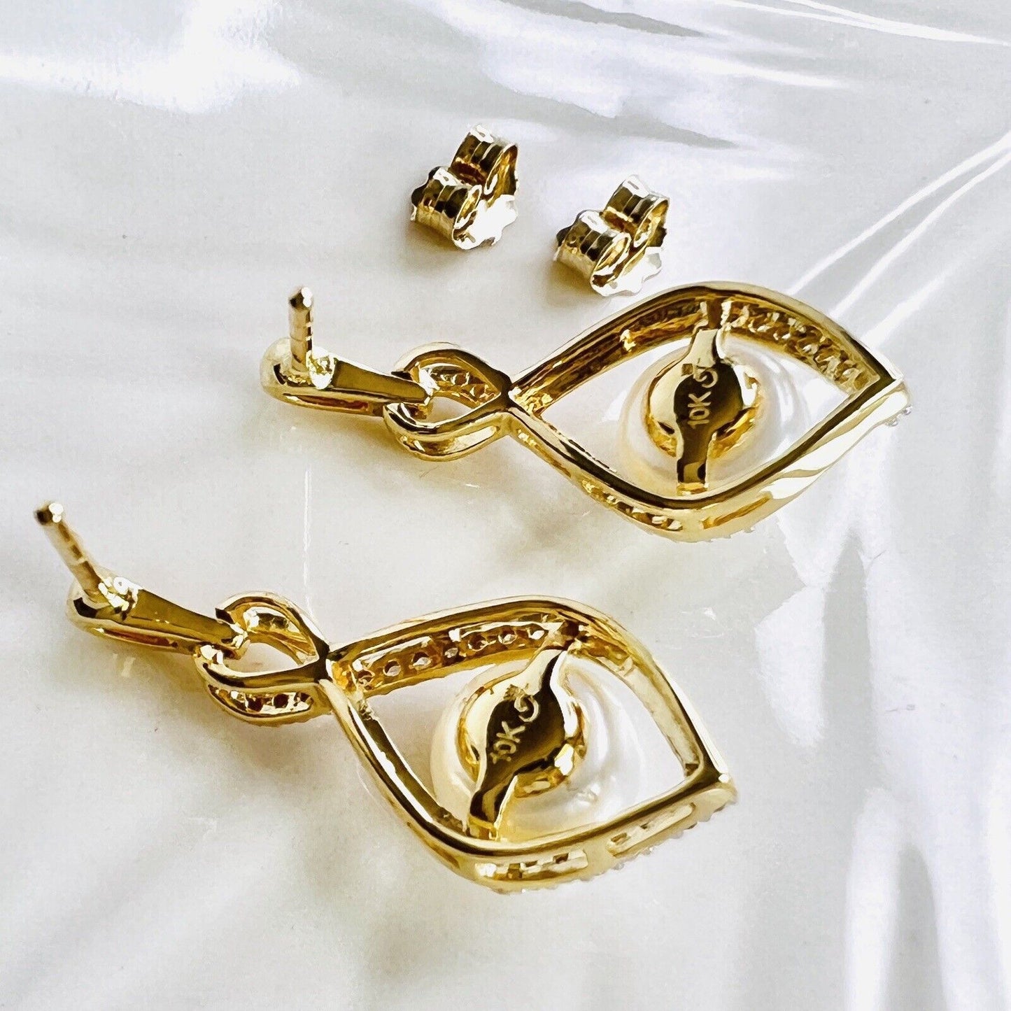 Solid 10k Yellow Gold Genuine Pearl (7mm) & Diamond Dangle Drop Earrings, New