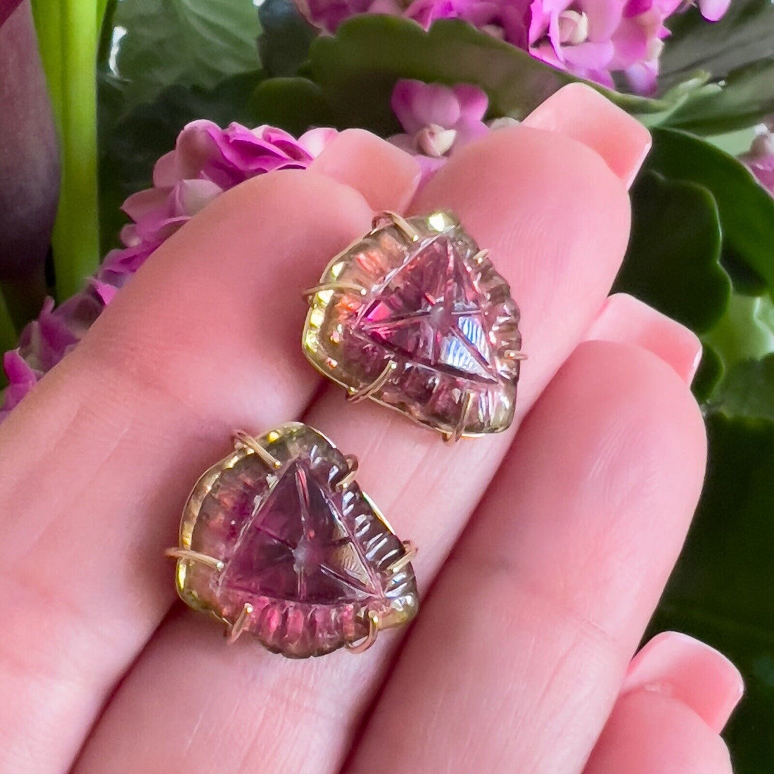 Unique 14k Yellow Gold Watermelon Tourmaline Custom-Made Stud Earrings