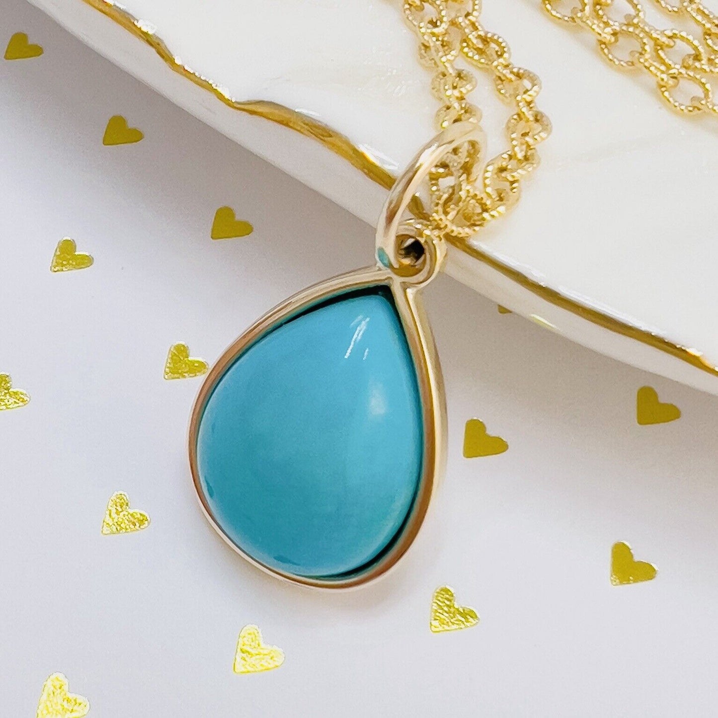 Natural Persian Turquoise 14k Yellow Gold Drop Pendant, Unisex, Handcrafted