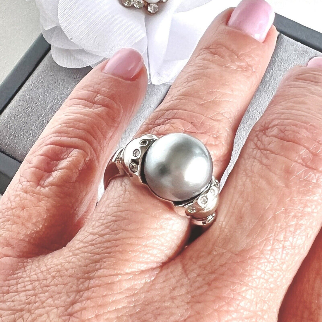 Top-Quality Tahitian Gray Pearl & Diamond Solid 14k White Gold Ring, New Sz. 7.5