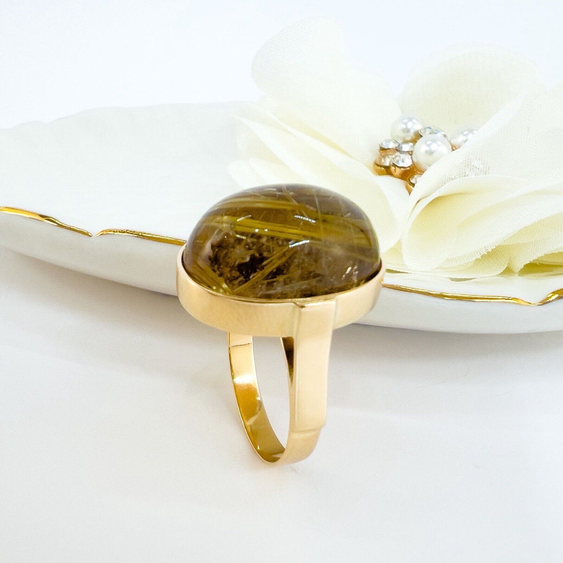 Solid 14k Yellow Gold Genuine Rutilated Quartz Ring, Size 7