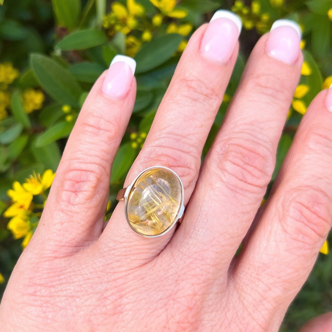 Solid 14k Yellow Gold Genuine Rutilated Quartz Ring, Size 7