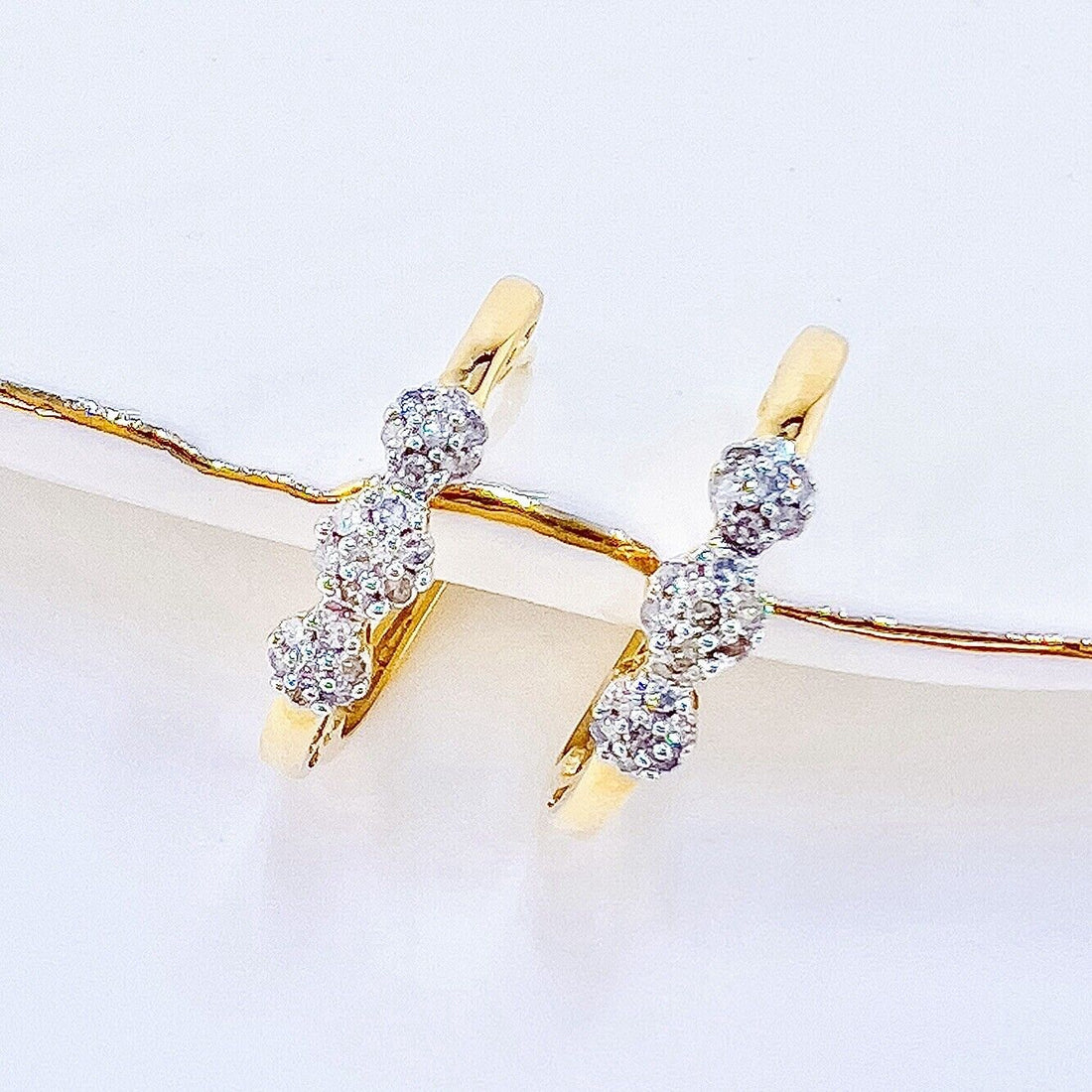 Solid 10k Yellow Gold Diamond Rosette French-Style Leverback Hoop Earrings, New