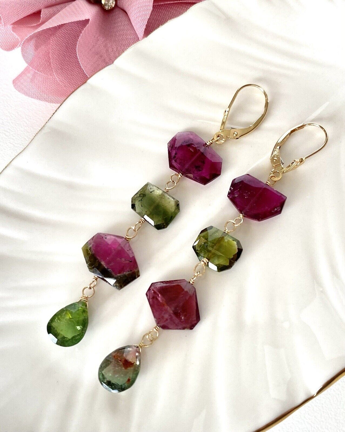 Natural Tourmaline (27.1ct) & 14k Yellow Gold "Wind Chime" Dangle Earrings, New