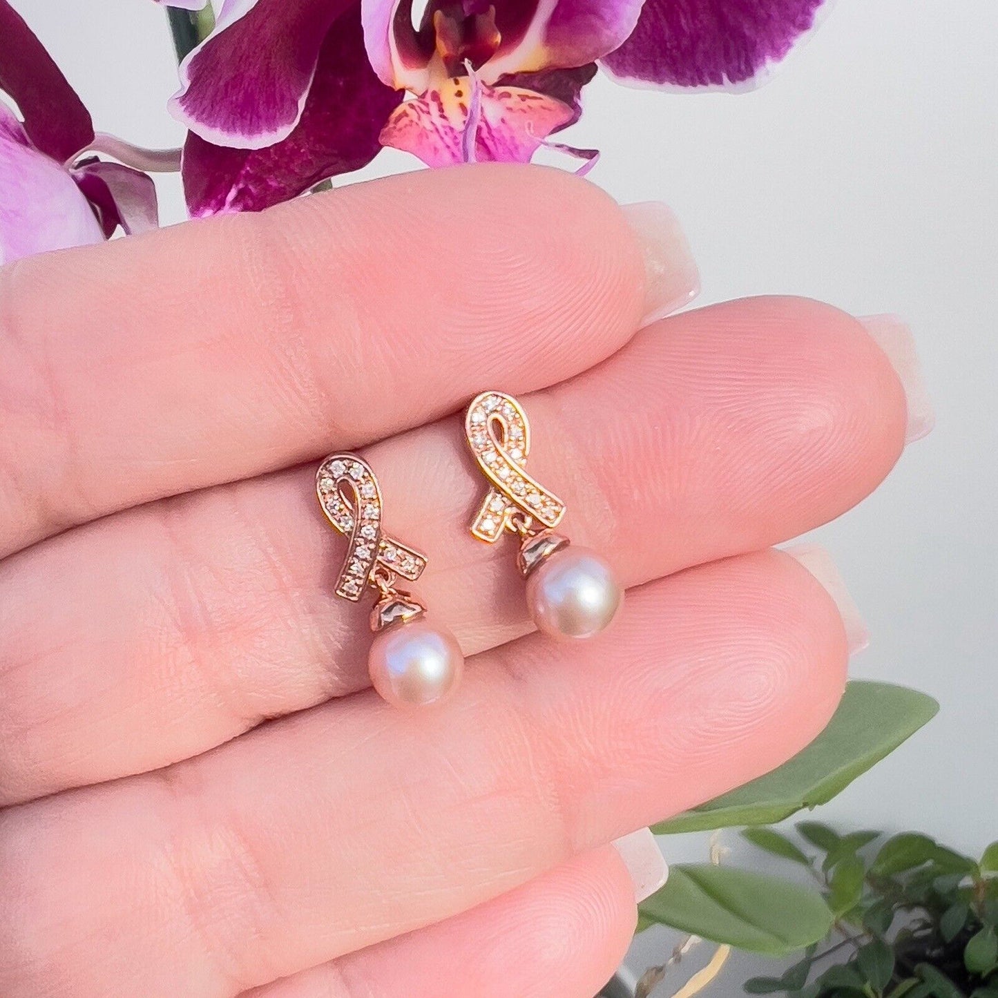 14k Rose Gold Pearl & Diamond Awareness Ribbon Dangle/Drop Earrings, New