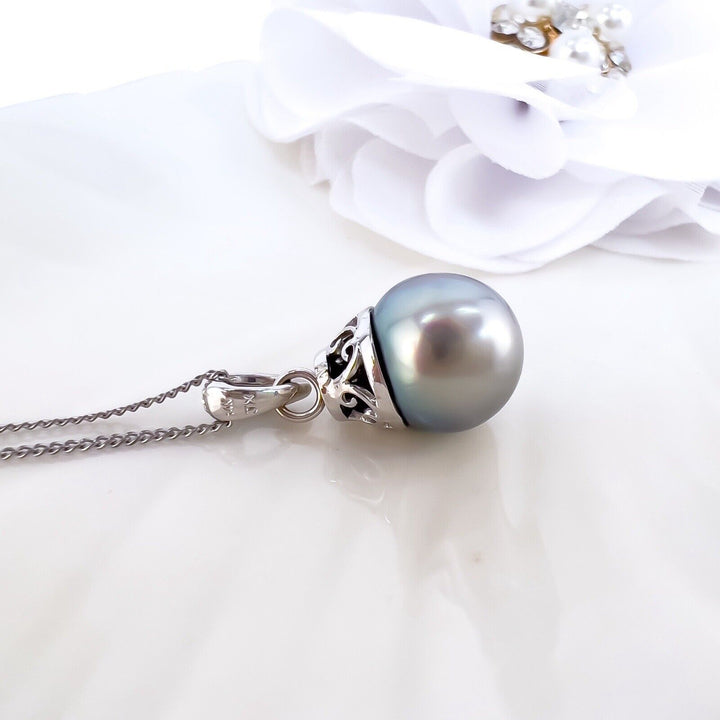 Solid 14k White Gold Genuine Tahitian Pearl (10.6mm) & Diamond Pendant, New