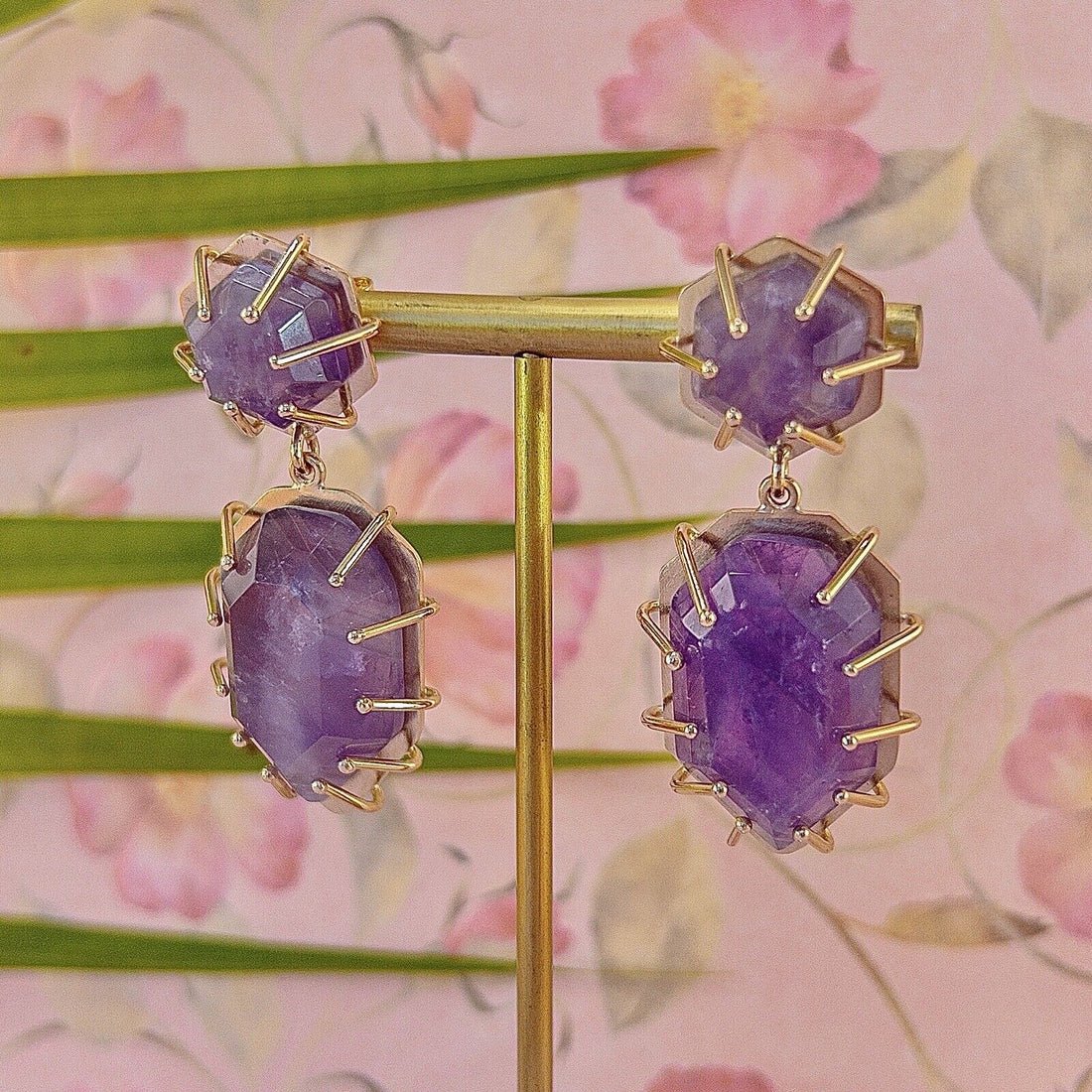 Solid 14k Yellow Gold Genuine Amethyst Modernist Custom Made Dangle Earrings 2”