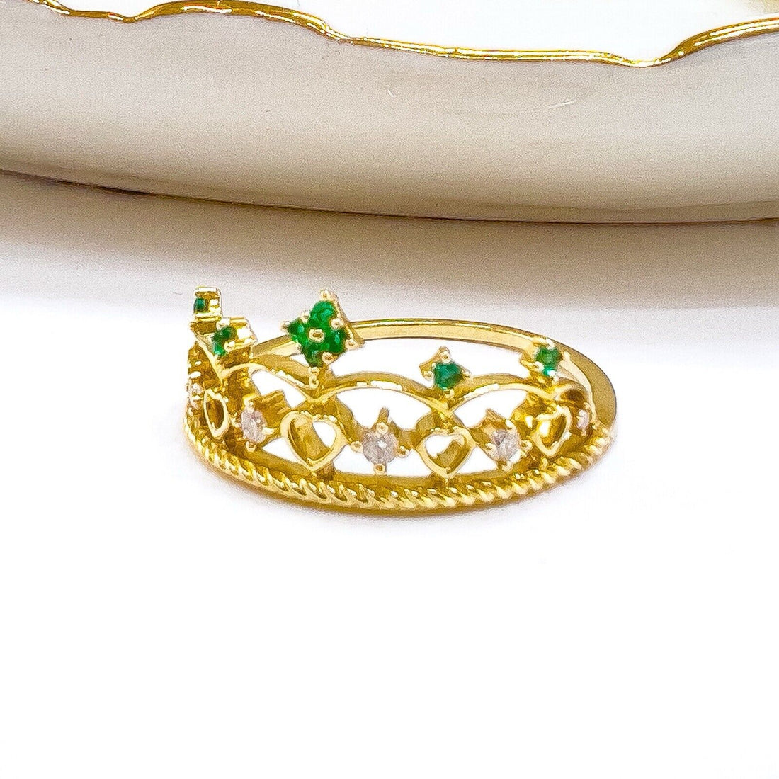 10k Yellow Gold Genuine Emerald & Diamond Crown Ring, New Size7