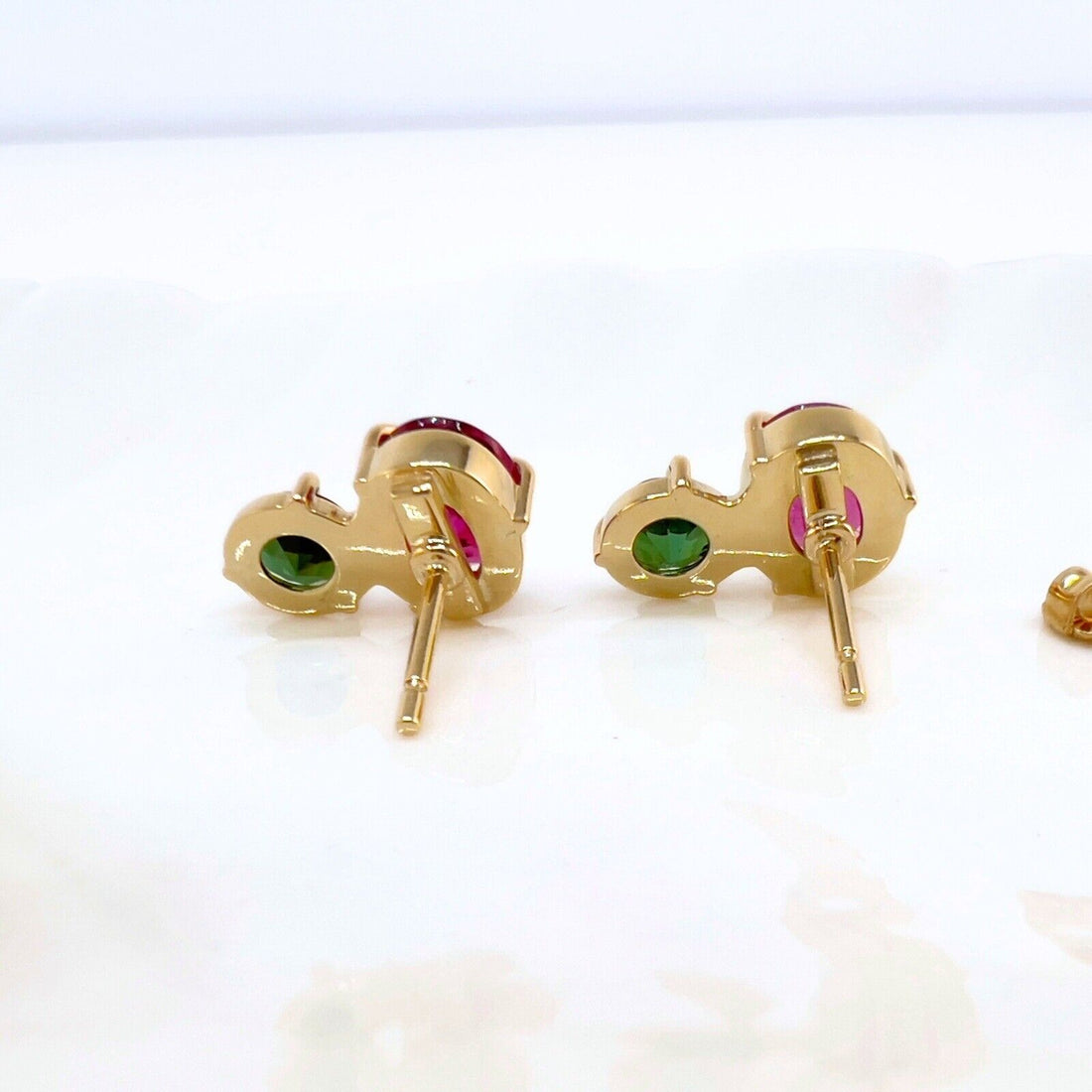 Handcrafted 14k Yellow Gold Genuine Pink & Green Tourmaline Stud Earrings, New