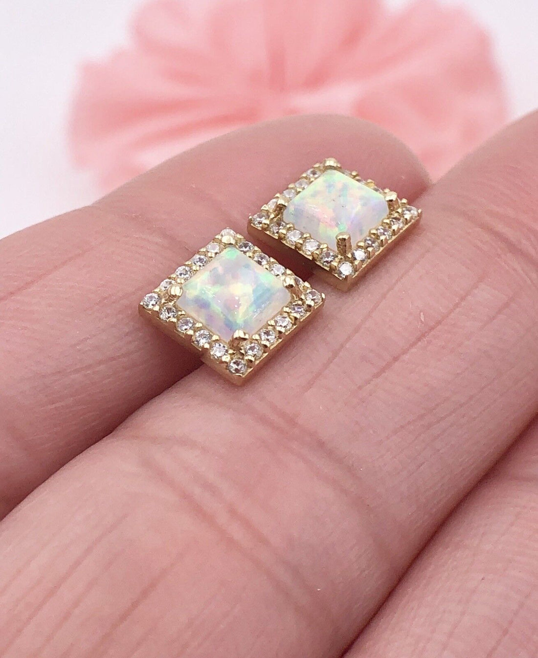 14K Yellow Gold, Opal & CZ Square Stud Earrings, New