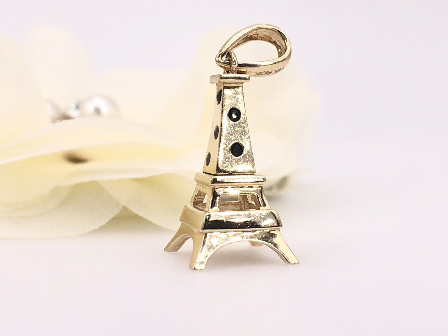 Solid 14K Yellow Gold Eiffel Tower W/ Cubic Zirconia 3-D Pendant/Charm, New