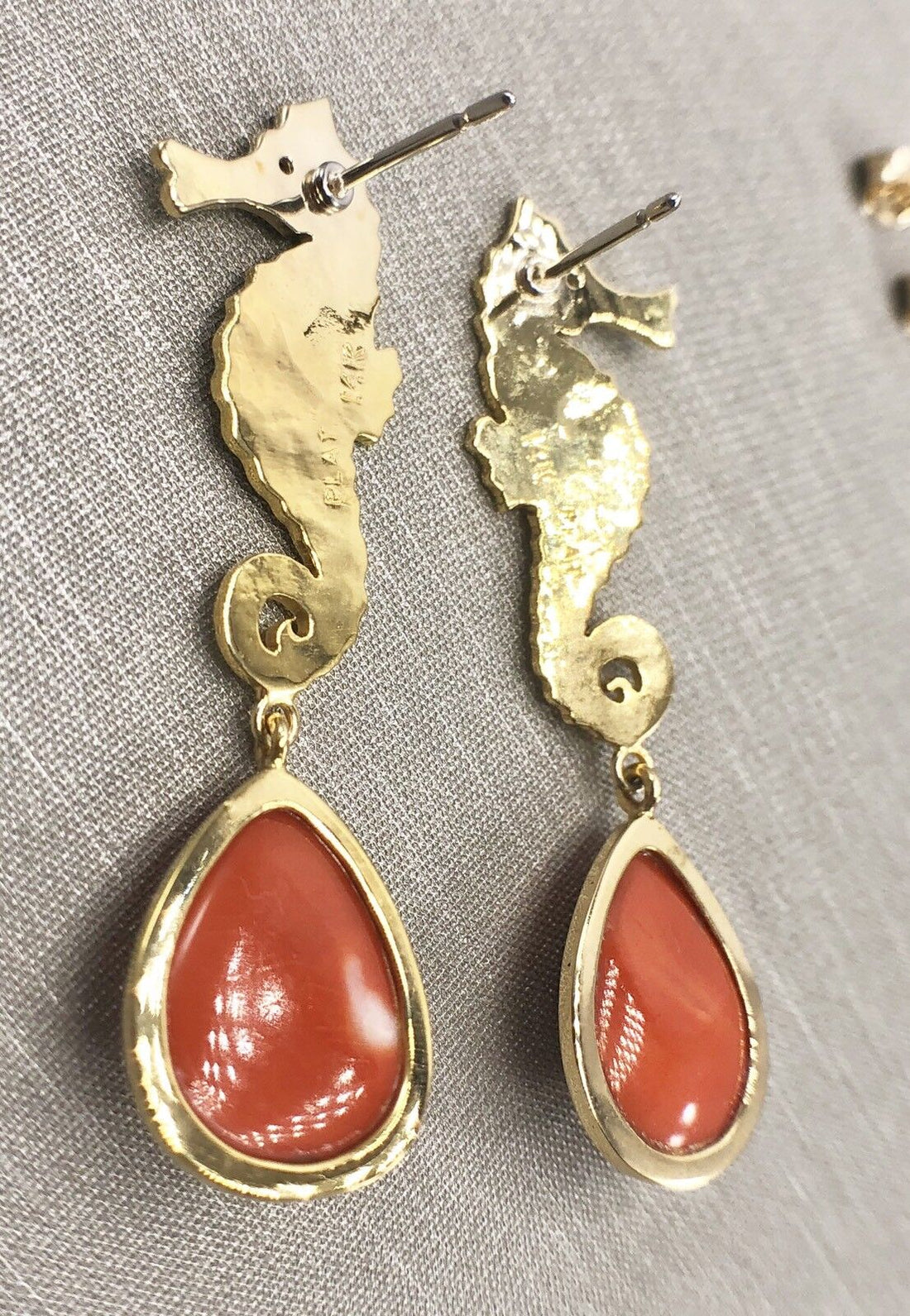 Natural Coral (8.68ct) & Diamond 14K Gold Seahorse Dangle Earrings, New