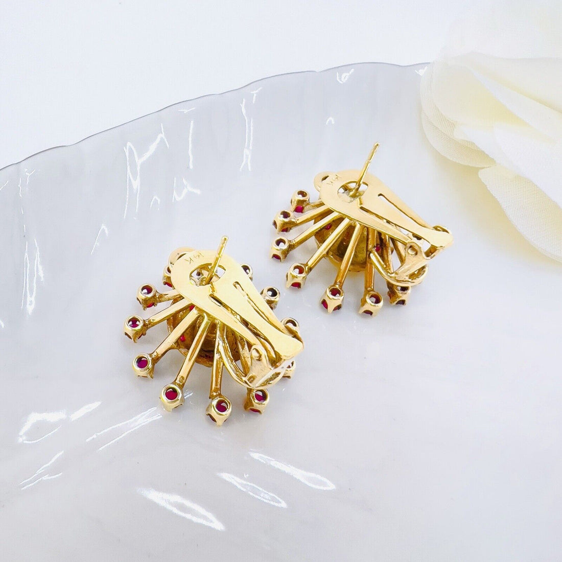 Vintage 14k Yellow Gold & Ruby "Starburst" Post & Clip Handcrafted Earrings