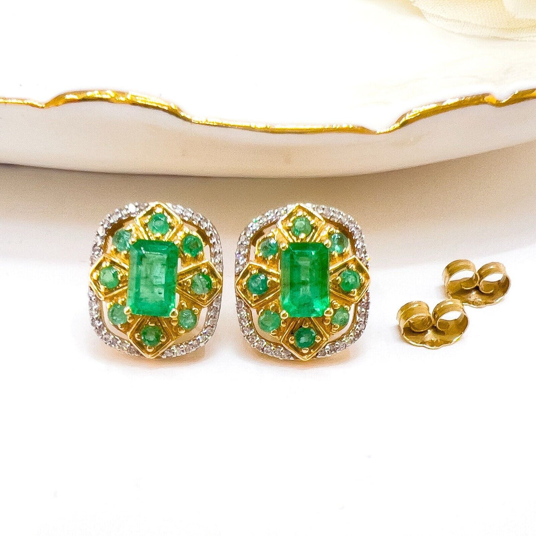 14k Yellow Gold Genuine Emerald & Diamond Stud Earrings, New