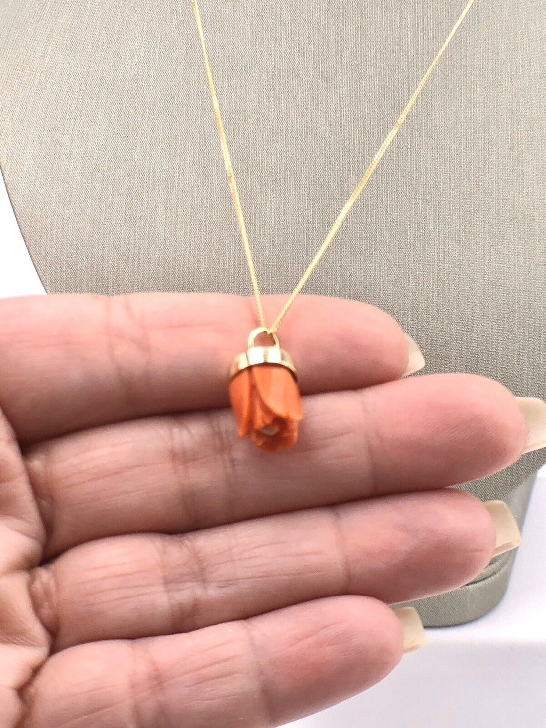 Untreated Salmon Coral Rose Bud 14k Yellow Gold Hand-Made Pendant/Necklace, New