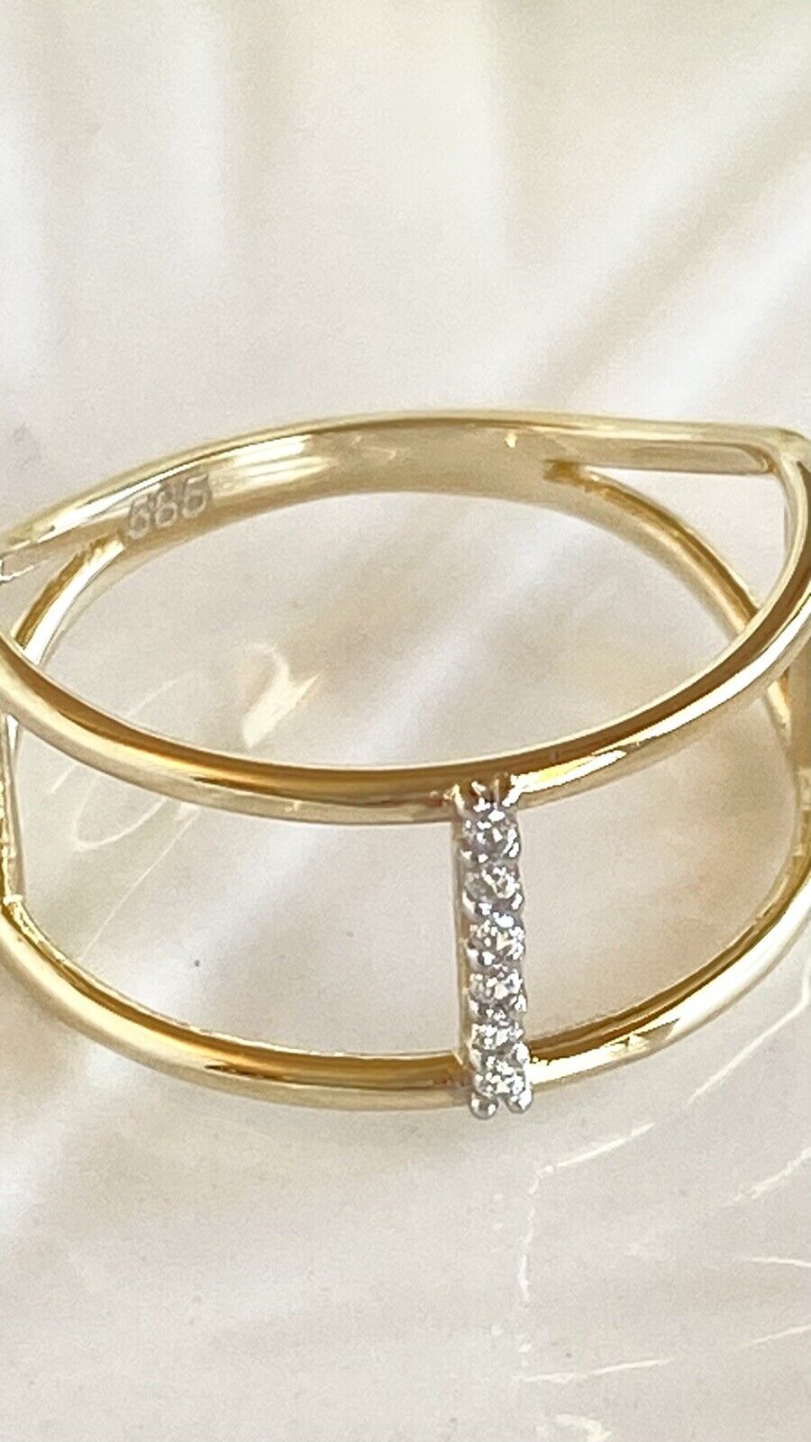 Solid 14k Yellow Gold & Cubic Zirconia Double Bar Ring New, Sz 6.5