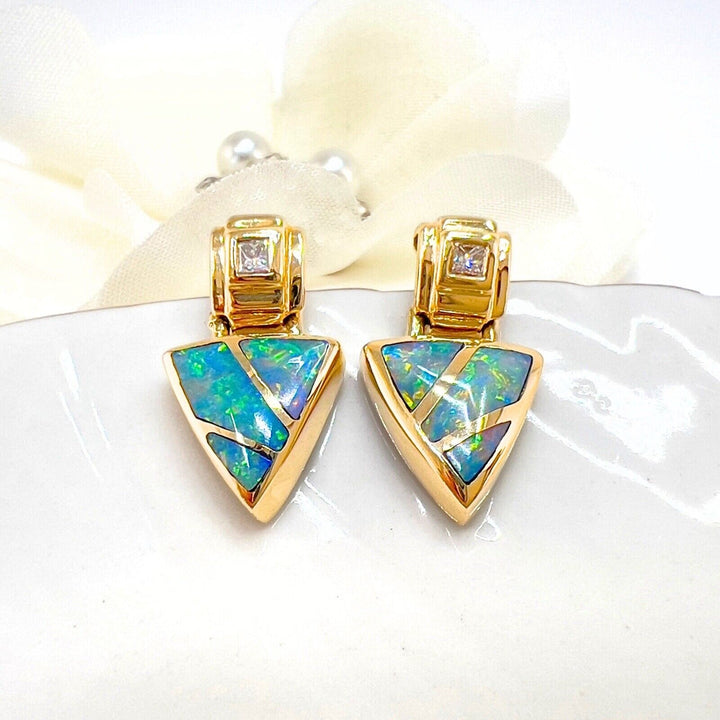 14k Yellow Gold Genuine Opal Inlay & Diamond Dangle Earrings