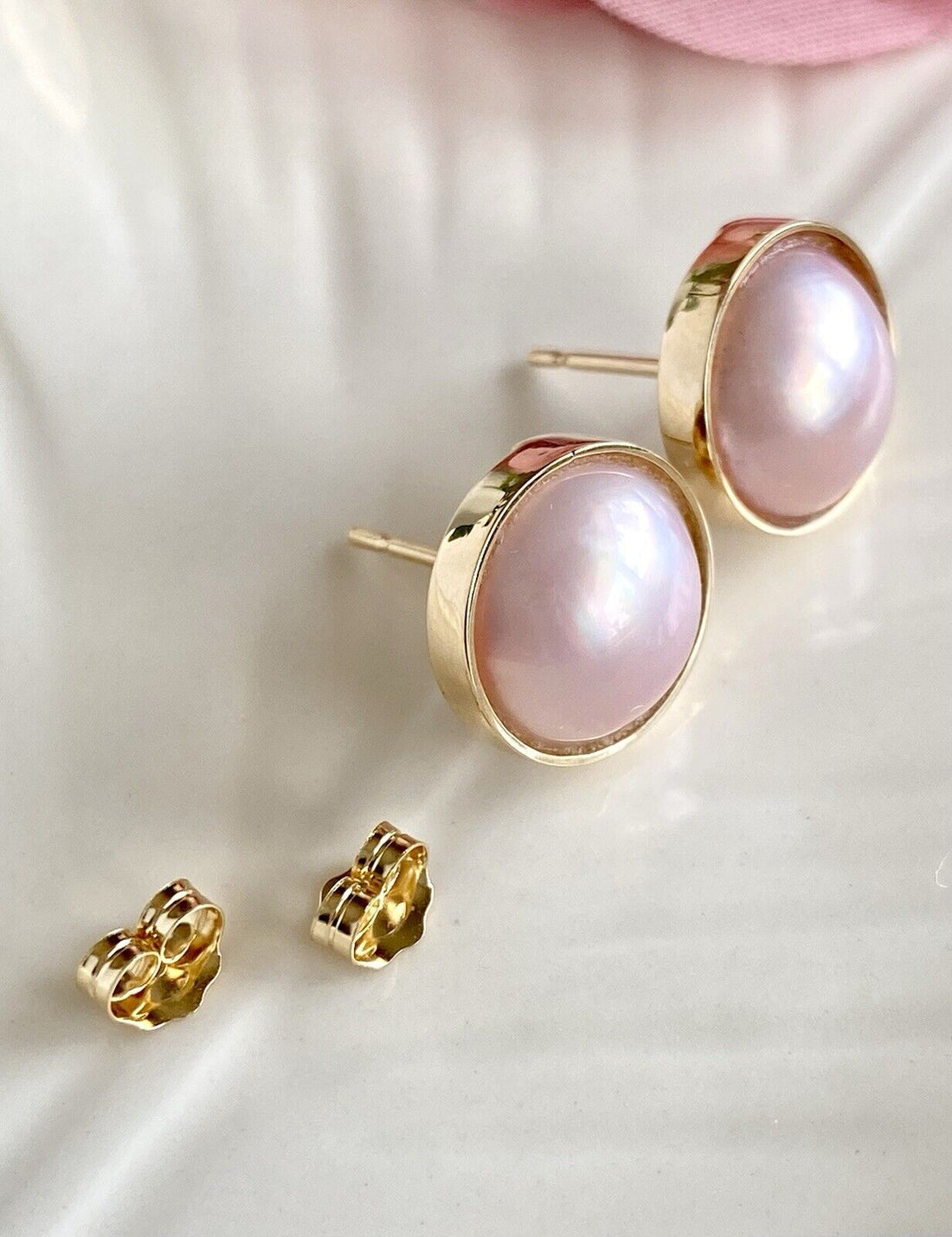 Genuine Pink Mabe Pearl (11.25mm) Solid 14K Yellow Gold Stud Earrings, New