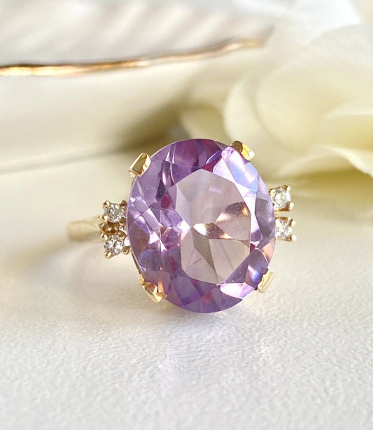 Genuine Amethyst (8.1ct) & Diamond Solid 14k Yellow Gold Ring, New, Size 6